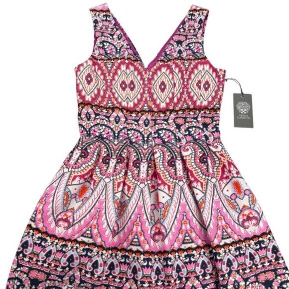 Vince Camuto Geo Print Double V Neck Fit And Flare Lined Dress Womens Size 2 - Picture 2 of 5